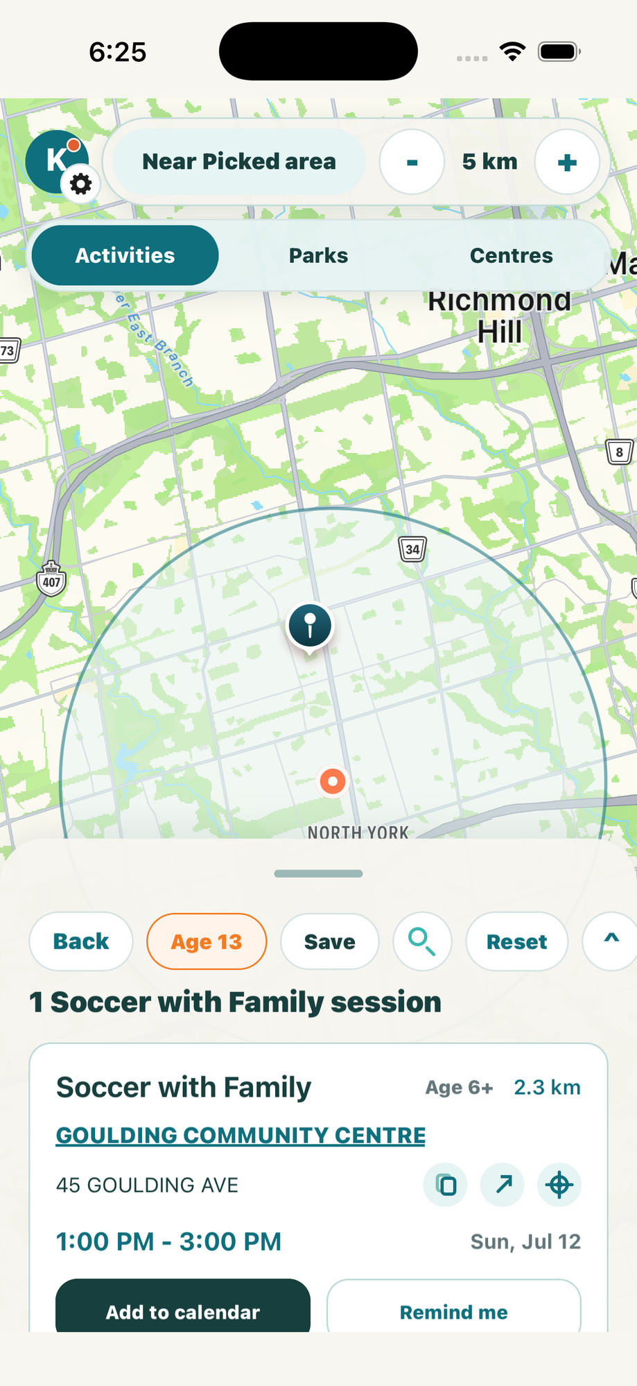 TONearby search results filtered to a single matching drop-in session