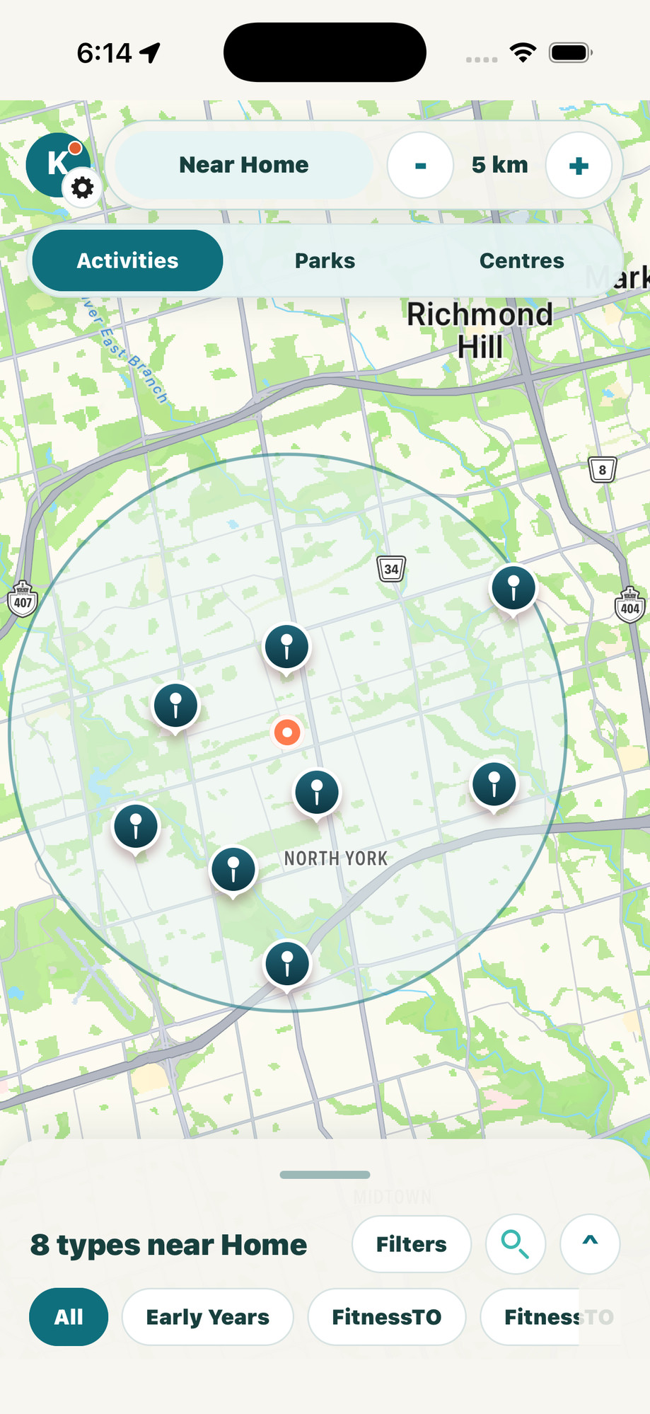 TONearby map showing drop-in activity locations near home