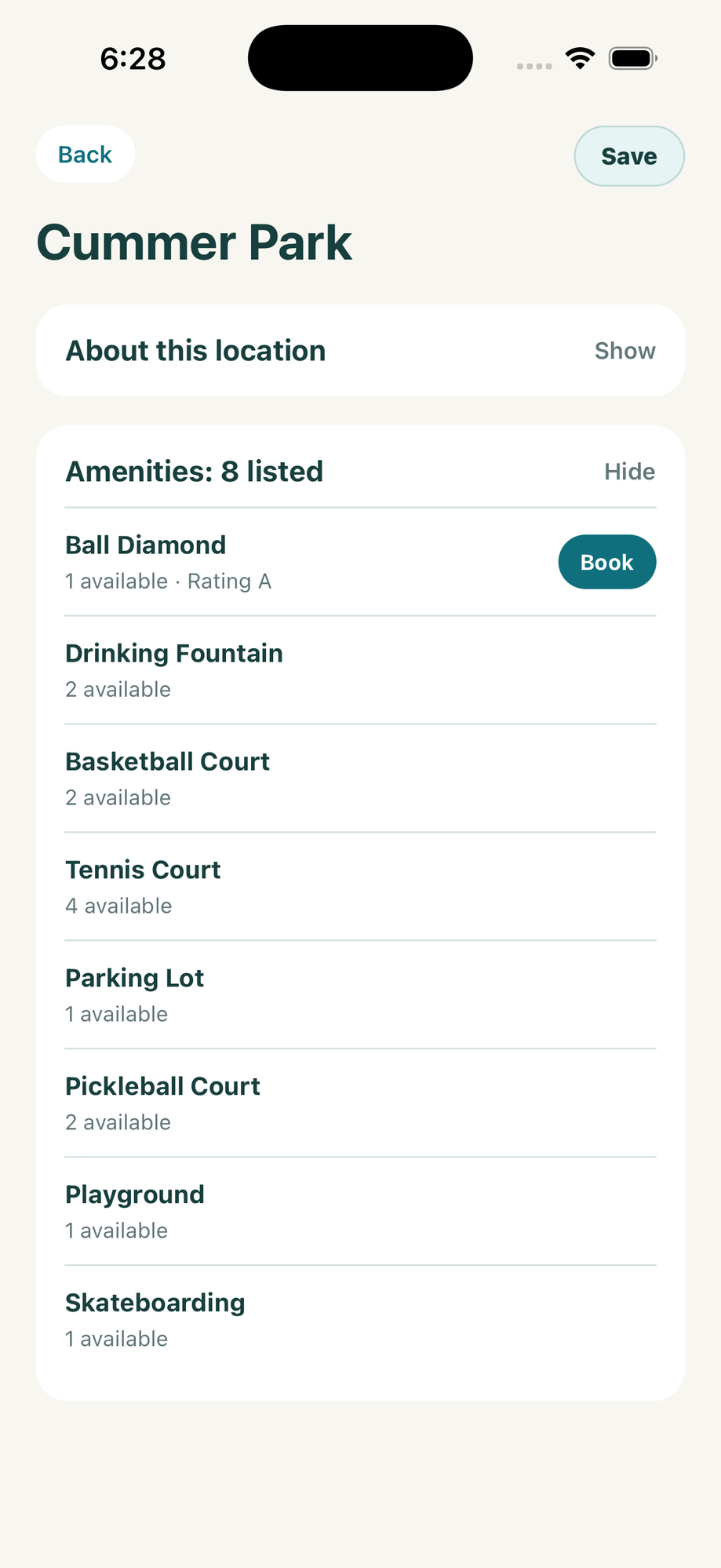 Park detail page listing amenities like courts and playground