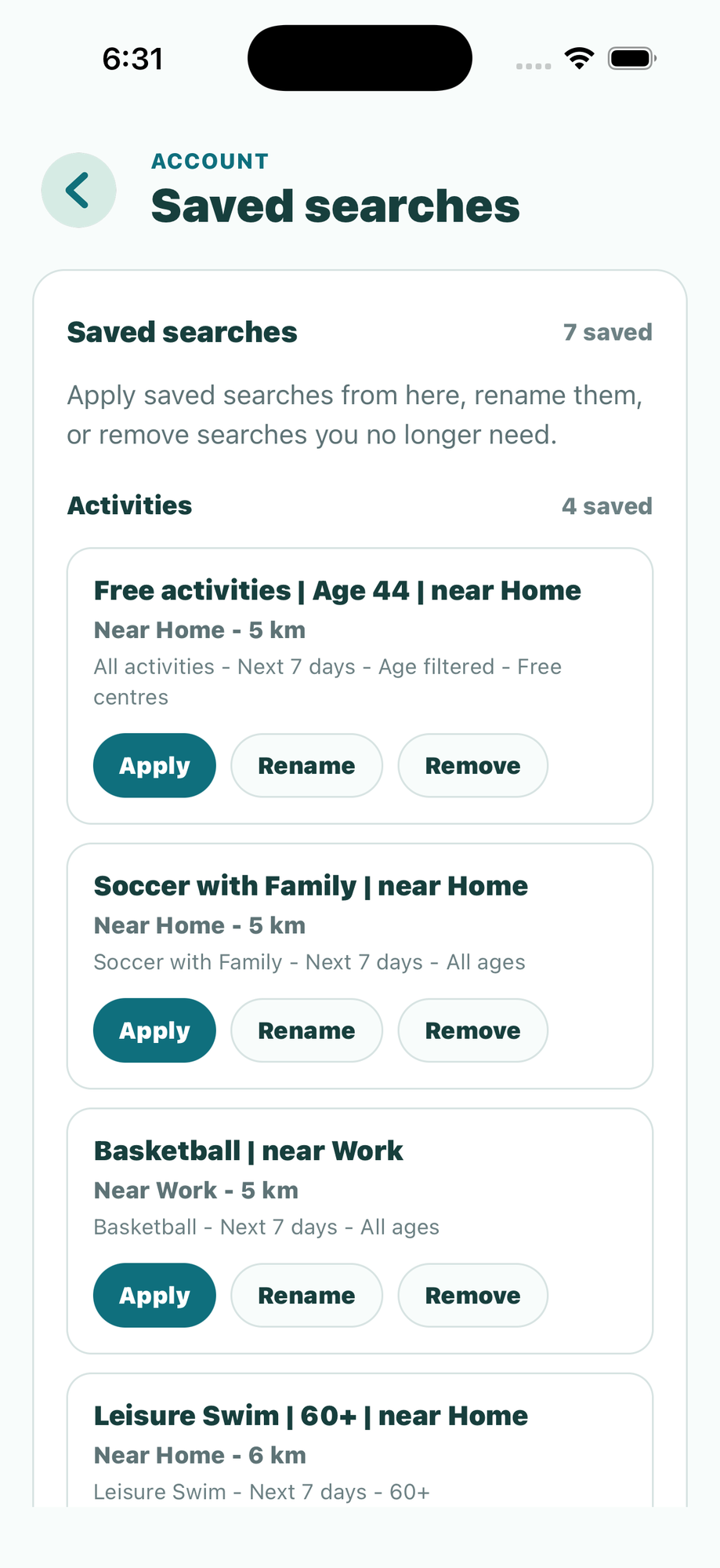 Saved searches list with apply, rename and remove actions