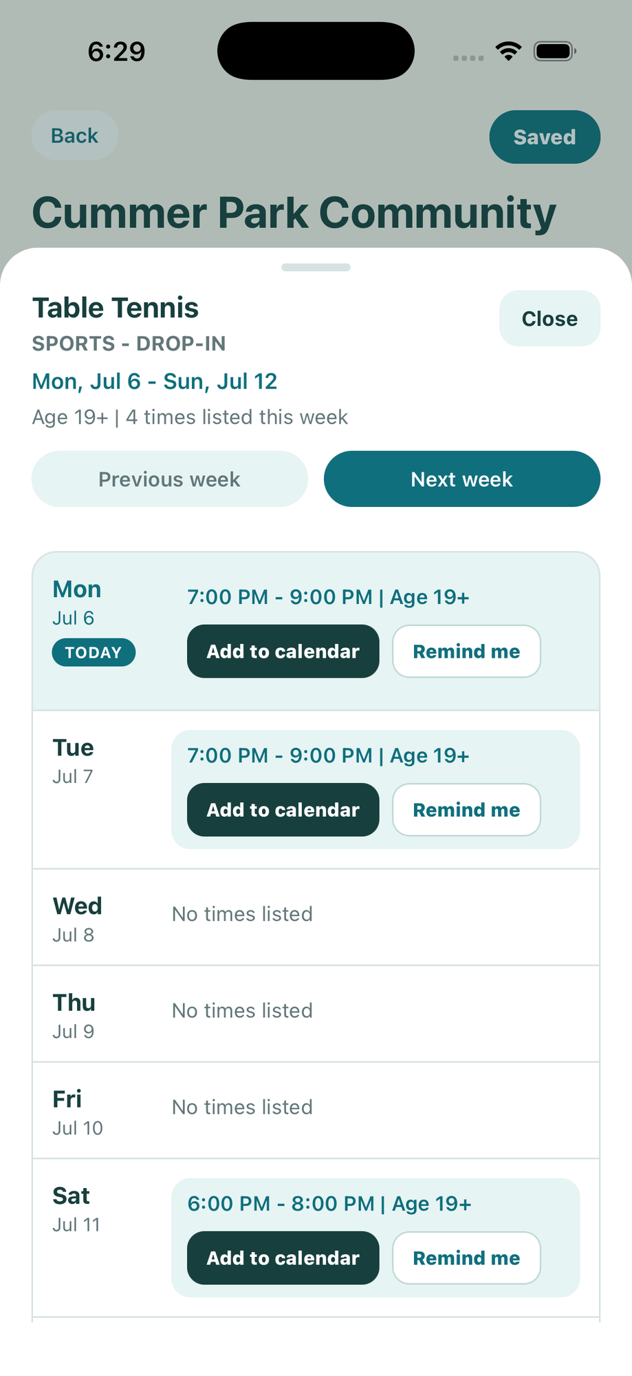 Weekly drop-in schedule with add-to-calendar and remind-me buttons